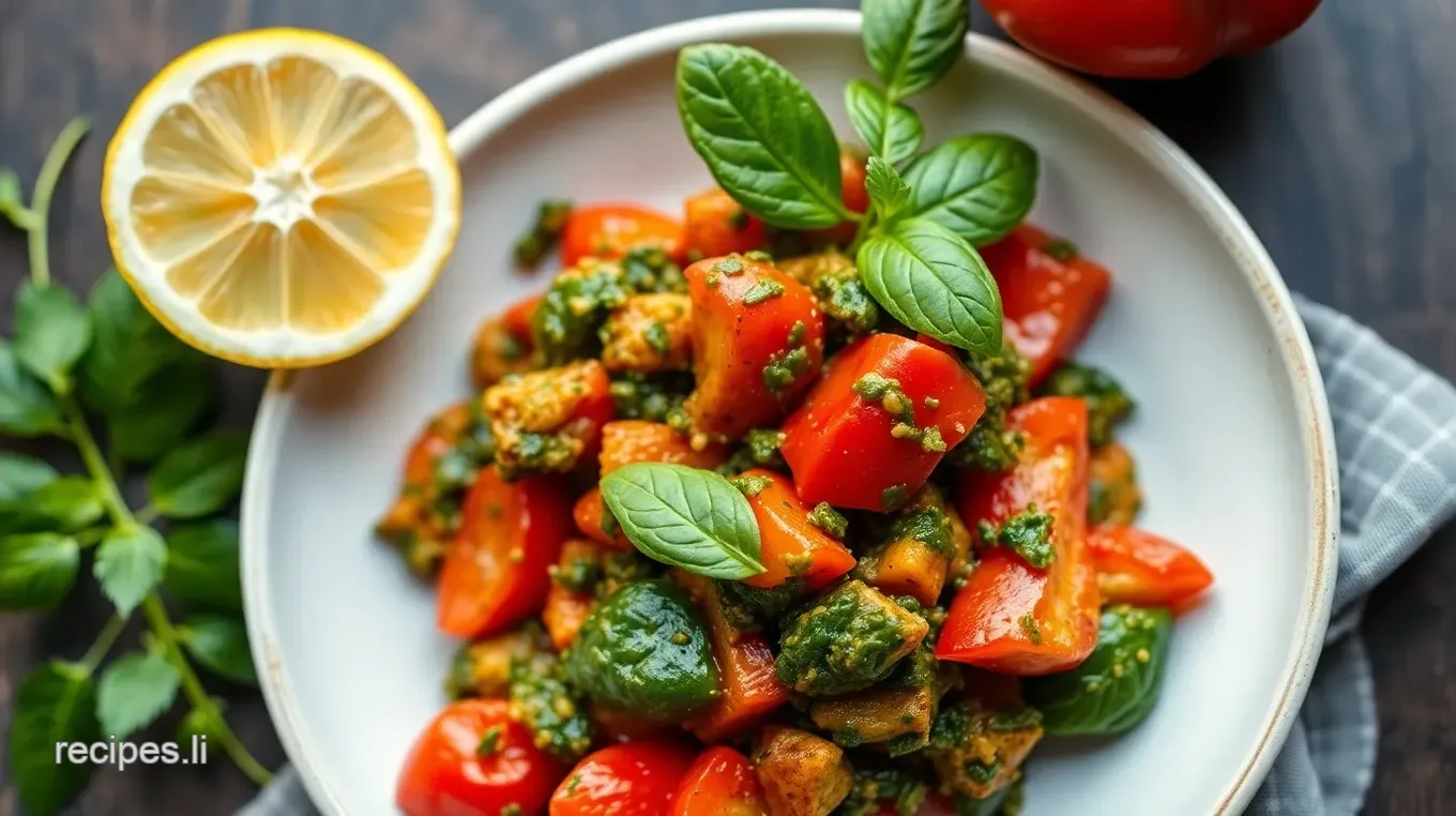 Red Pepper Sauce with Arugula Pistachio Pesto